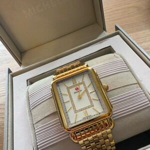 Michele Gold Rectangular Watch with White Oyster Dial